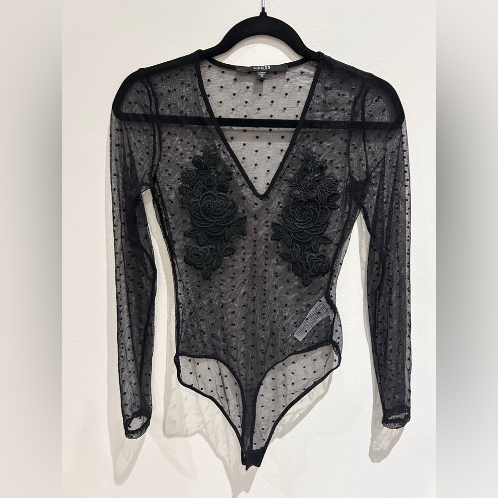 Guess Sheer Black Embroidered Bodysuit-XS